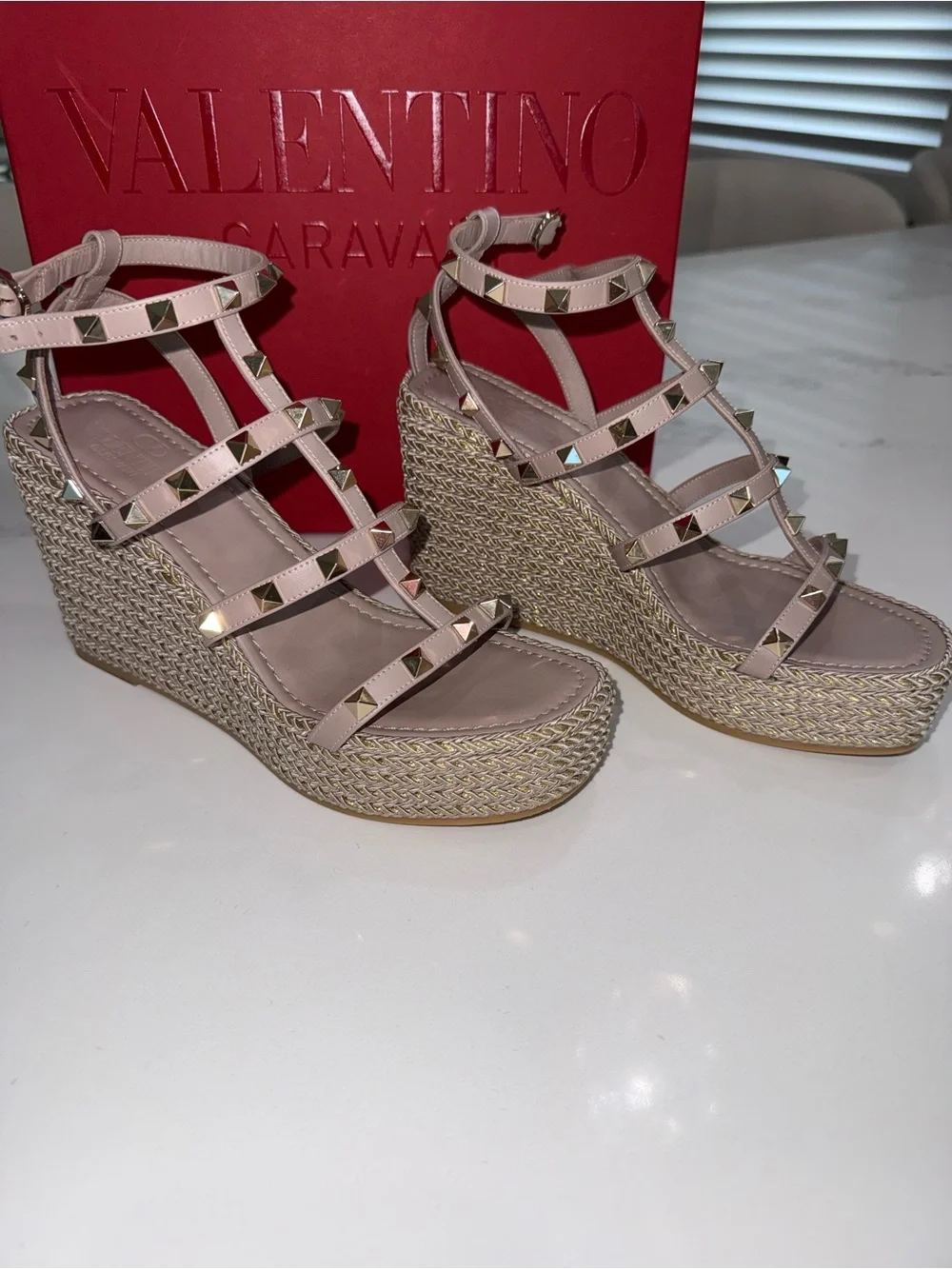 Valentino Pink Rockstud Espadrille Wedge Sandals
